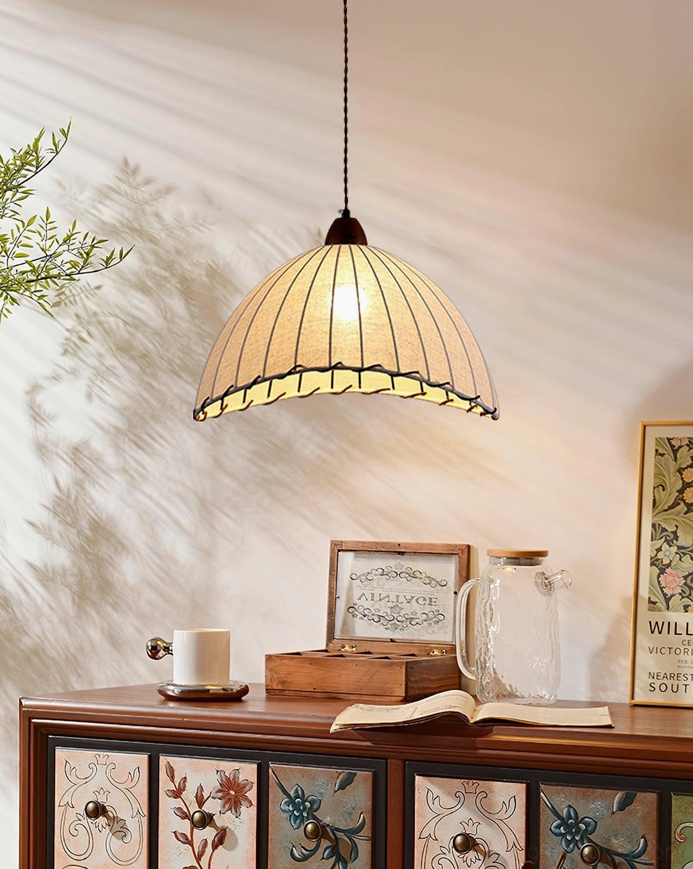Sanna pendant lamp angled view showing complete fabric diffusion and soft light distribution