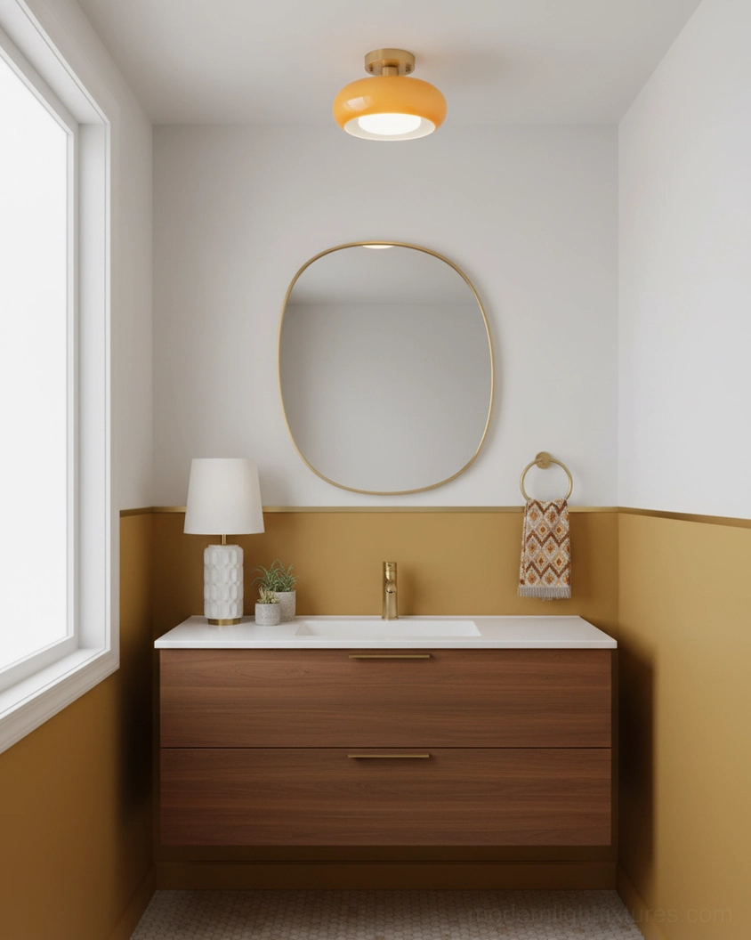 Sanna glass ceiling light installed above bathroom vanity with minimalist warm decor