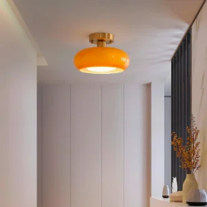Sanna semi-flush ceiling fixture installed in minimalist modern entryway hallway with warm diffused light
