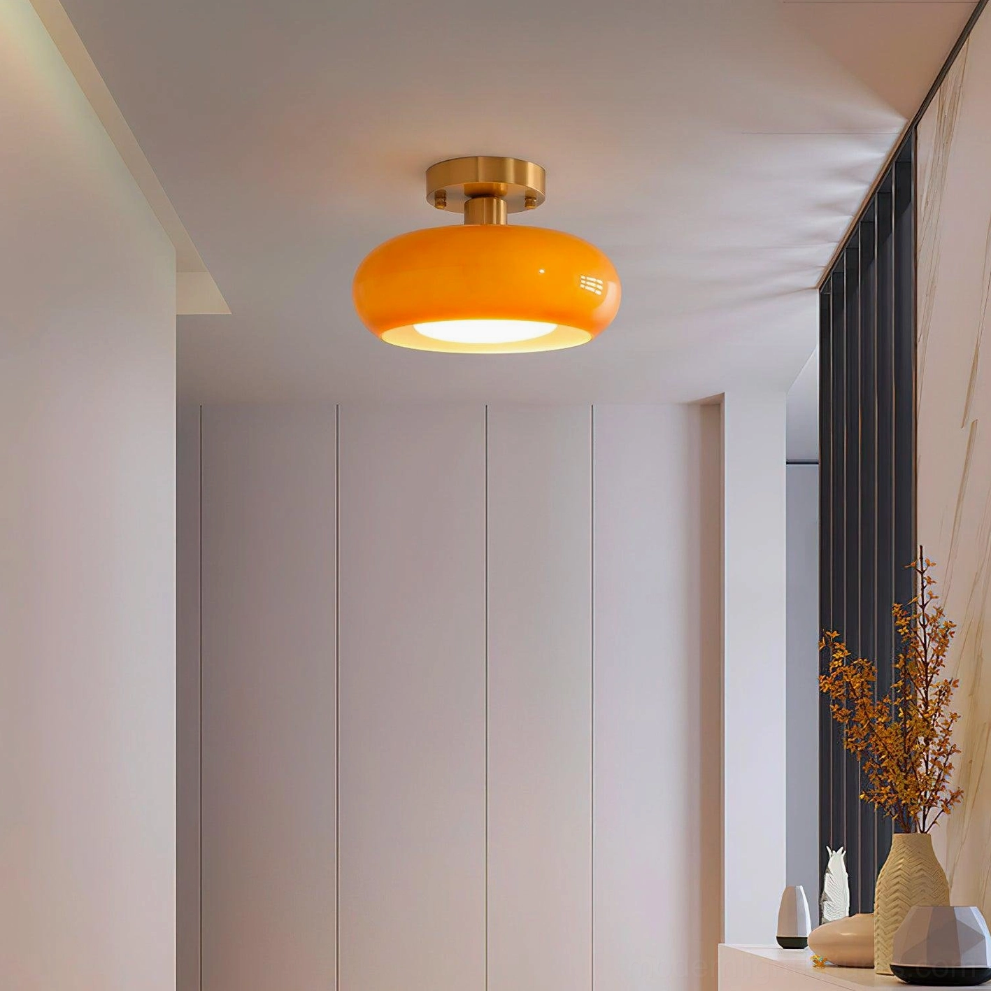 Sanna semi-flush ceiling fixture installed in minimalist modern entryway hallway with warm diffused light