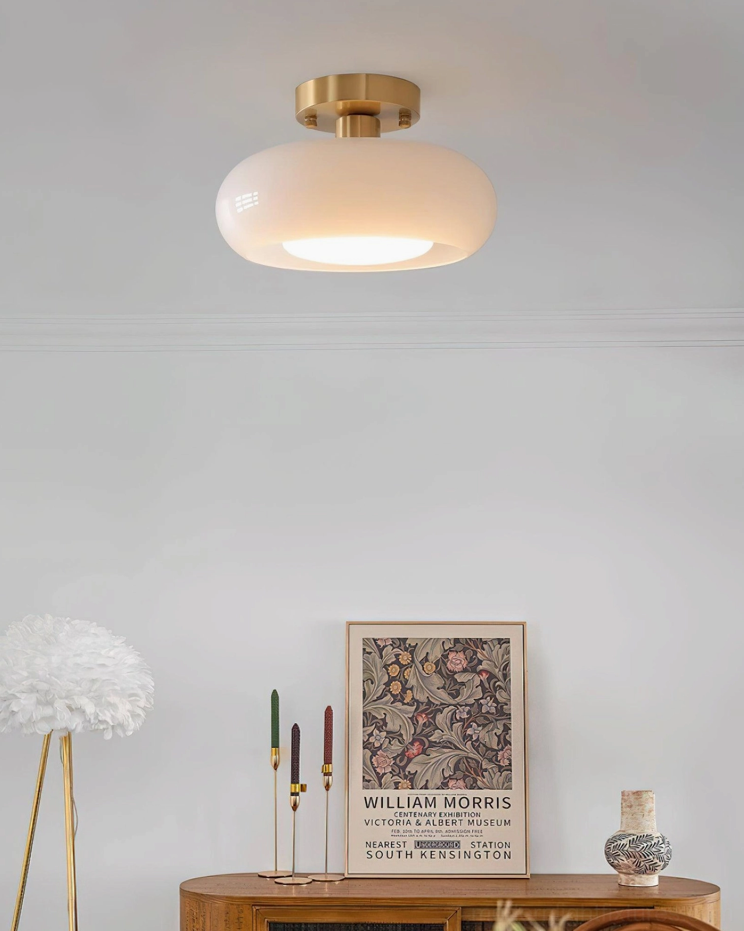 Sanna modern glass ceiling light showing metal canopy detail and flush mount design