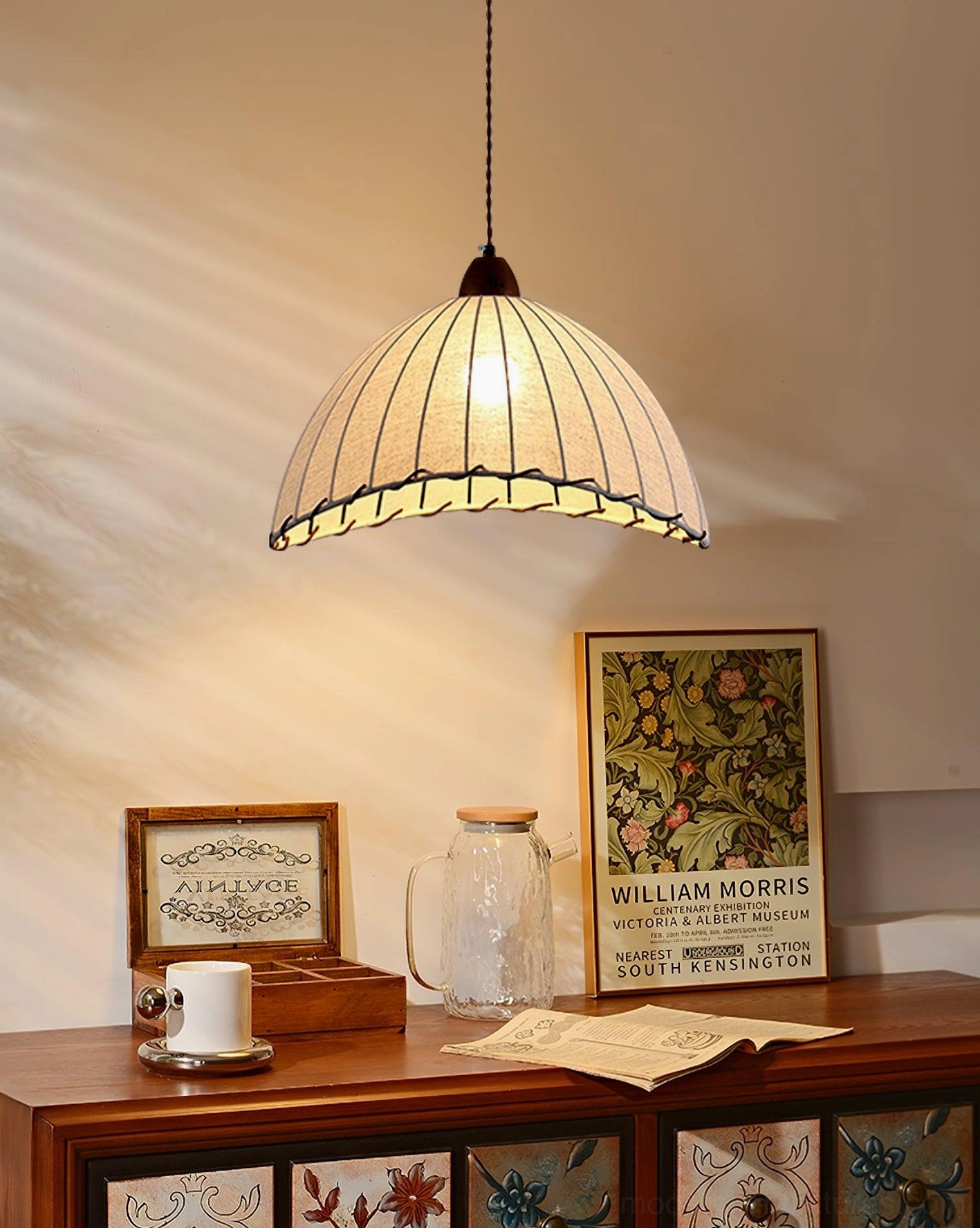 Sanna pendant light ribbed fabric dome texture detail with walnut wood canopy