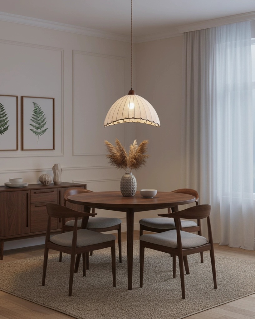 Sanna fabric dome pendant lamp front view hanging in formal dining room warm wood decor