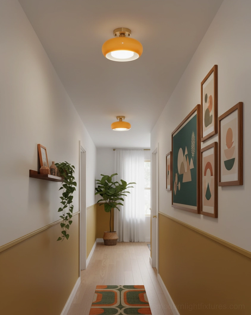 Sanna semi-flush light fixture in residential corridor with warm glowing glass shade and wall art