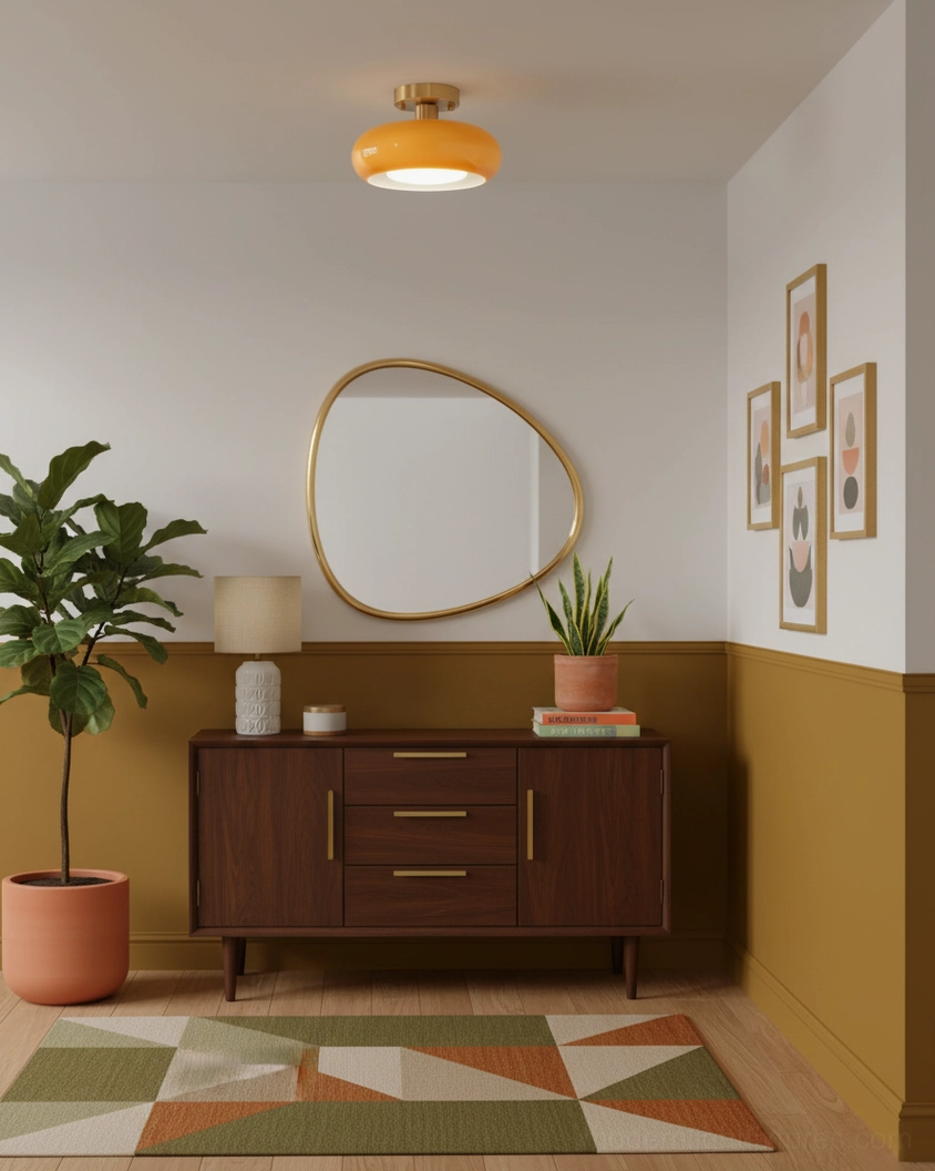 Sanna glass ceiling light detail showing warm amber shade with brass metal hardware