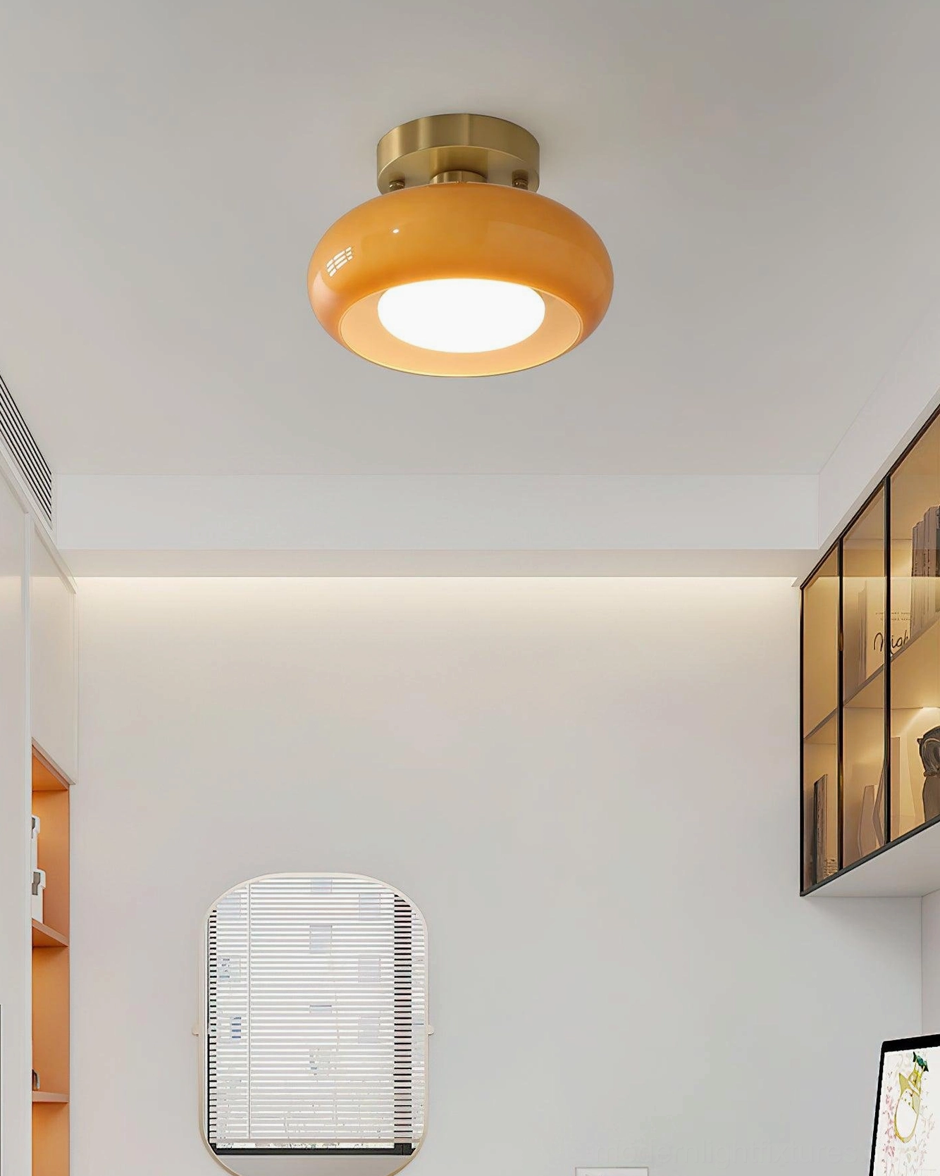 Sanna glass ceiling light mounted on hallway ceiling showing compact 28cm proportional design