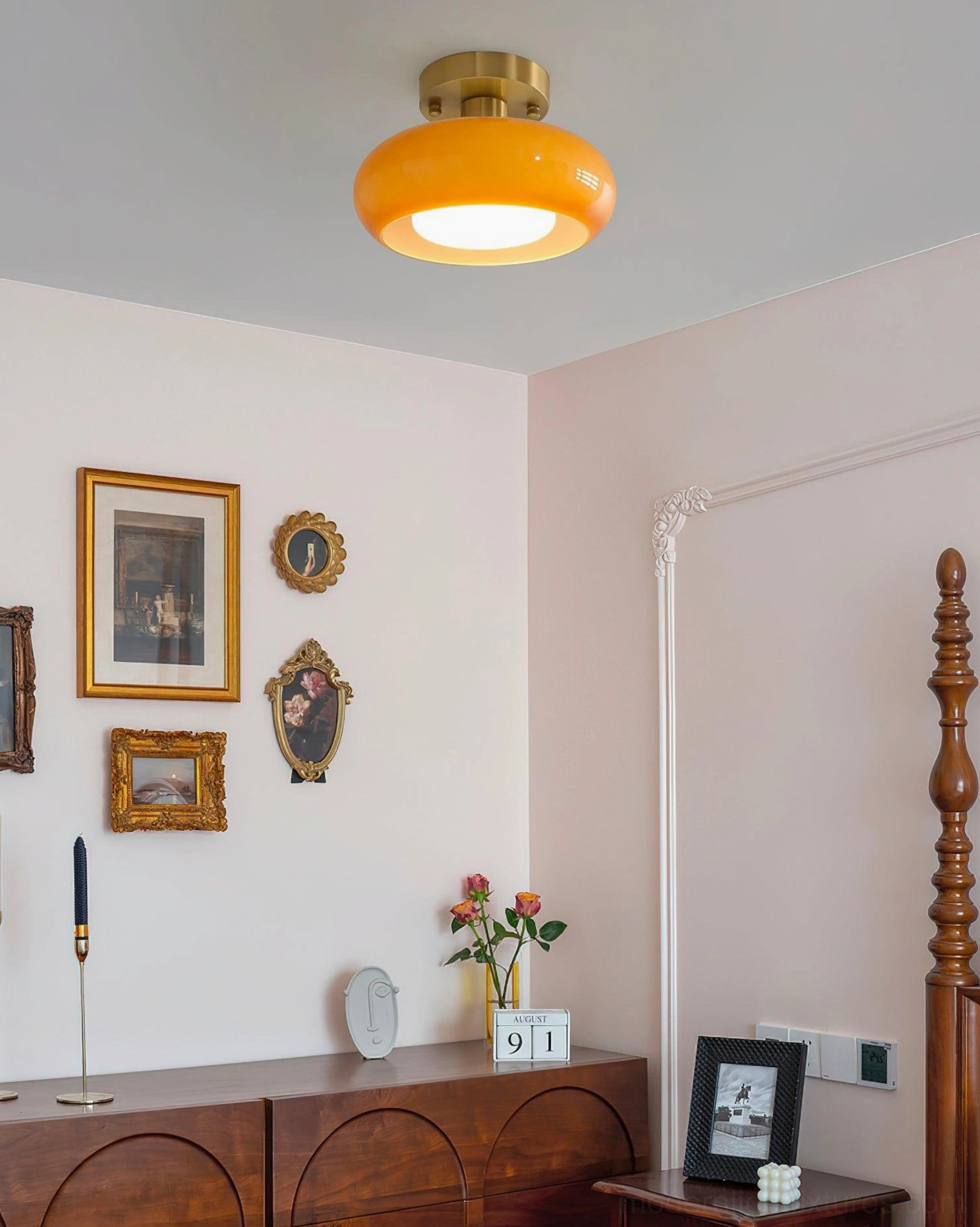 Sanna semi-flush light fixture demonstrating soft even light diffusion through glass dome