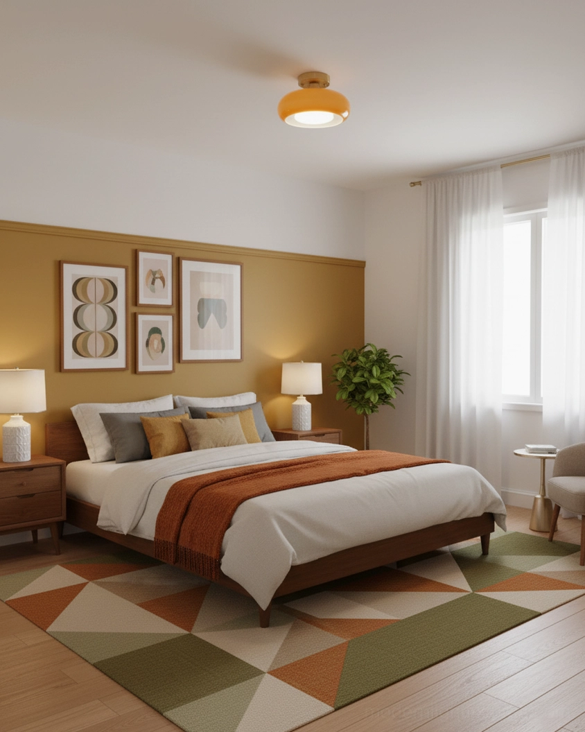 Sanna glass ceiling light mounted in master bedroom with warm glowing diffusion