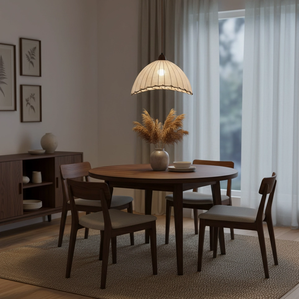 Sanna fabric pendant lamp overhead view creating warm diffused light on surface below