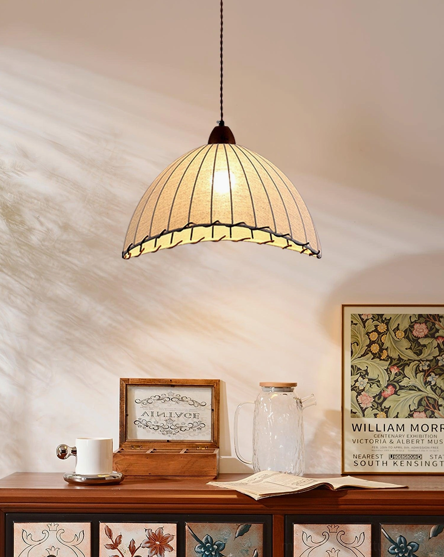 Sanna ribbed fabric pendant lamp detail showing scalloped edge and walnut canopy close-up