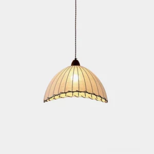 Sanna ribbed fabric pendant lamp with walnut canopy, front view studio photography