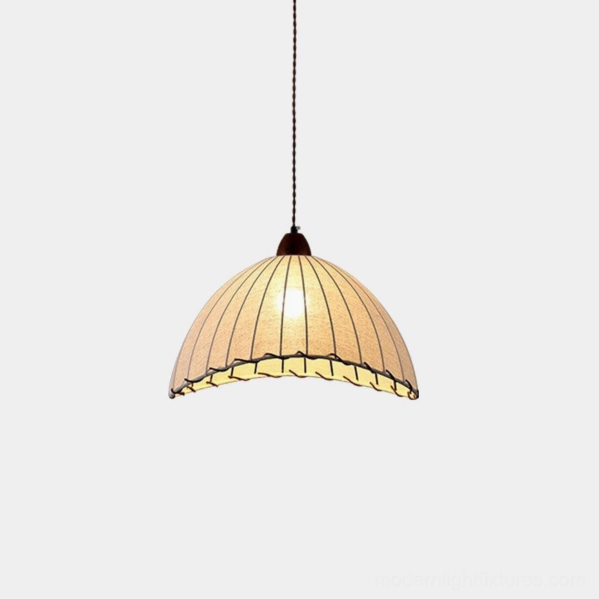 Sanna ribbed fabric pendant lamp with walnut canopy, front view studio photography