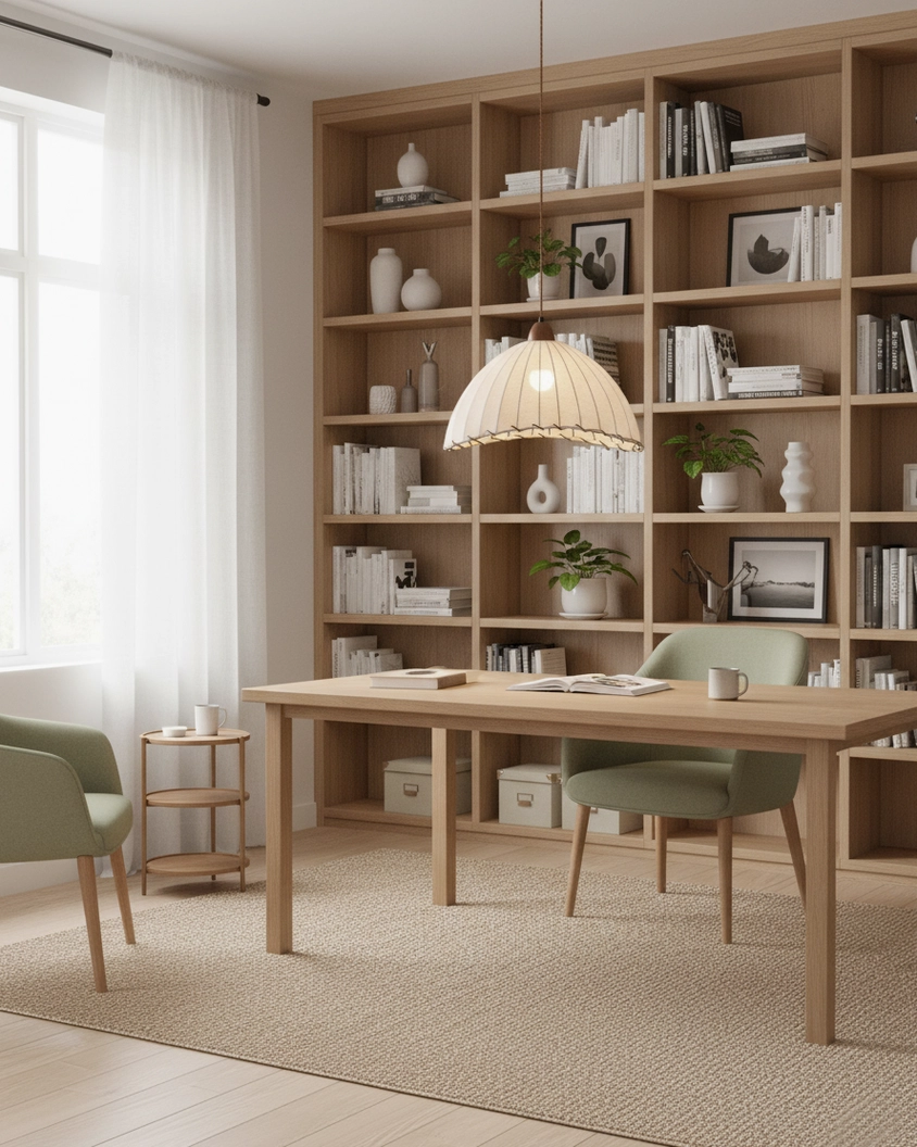Sanna ribbed fabric pendant lamp suspended above wooden home office desk and bookshelf