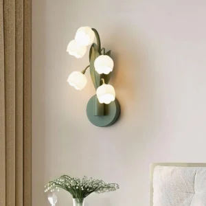 Sara Orchid botanical wall sconce installed in bedroom corner with warm ambient lighting and bedside floral decor