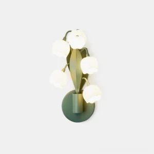 Sara Orchid wall sconce with sage green metal orchid leaf form and five G4 white light bulbs, front studio view