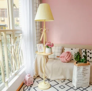Modern pleated floor lamp with side tray in beige warm pastel style corner view