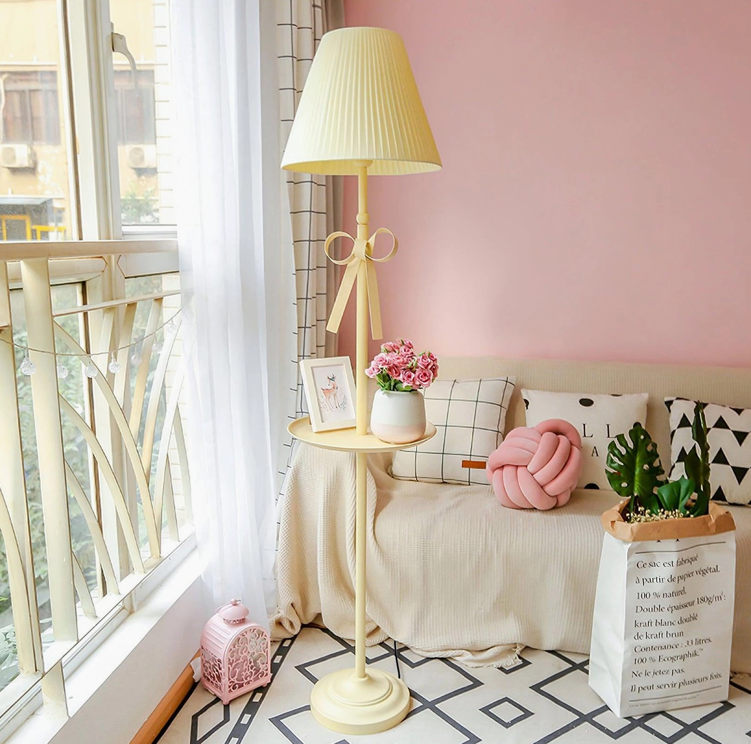 Modern pleated floor lamp with side tray in beige warm pastel style corner view