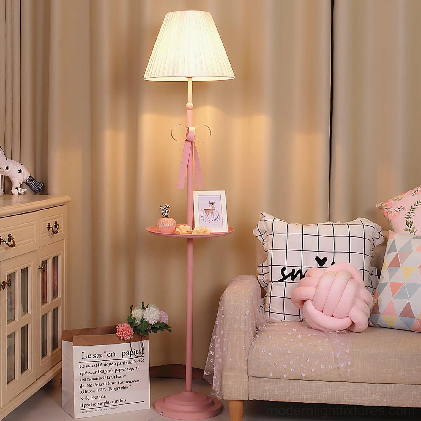 Contemporary pleated fabric floor lamp with metal frame construction