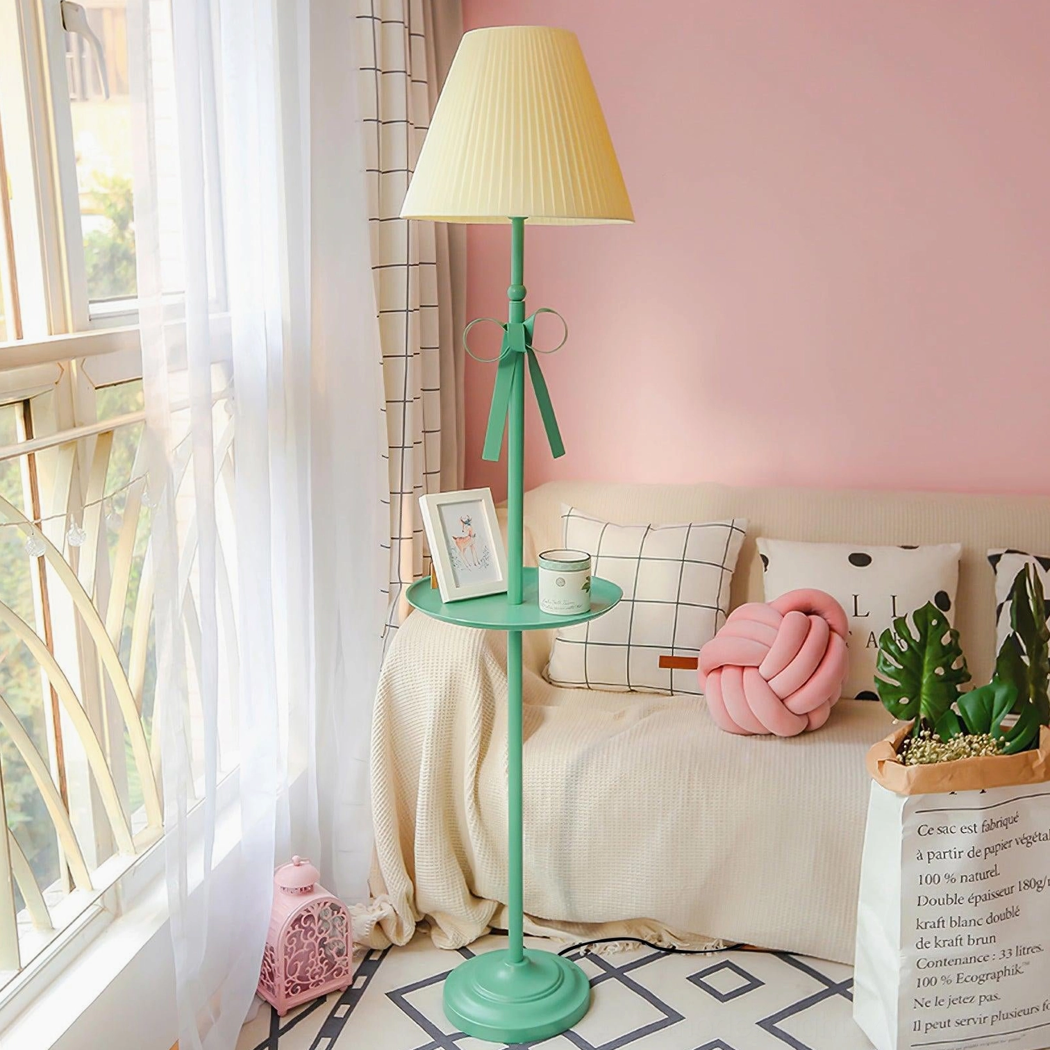 Green and beige dual-tone pleated floor lamp modern style showcase
