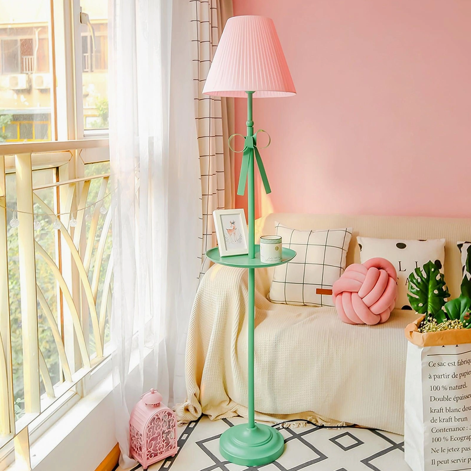 Green and pink dual-tone pleated floor lamp with bow decoration side tray
