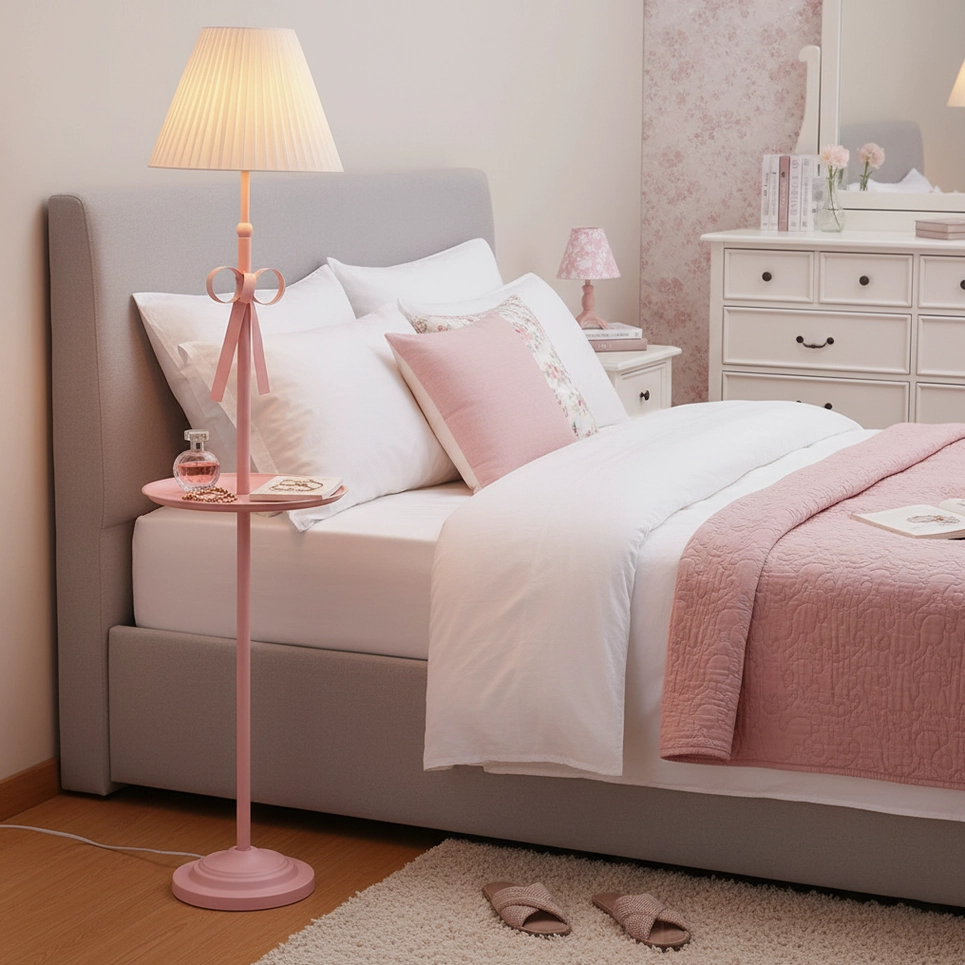 Pink ribbon floor lamp beside bed feminine bedroom lighting design