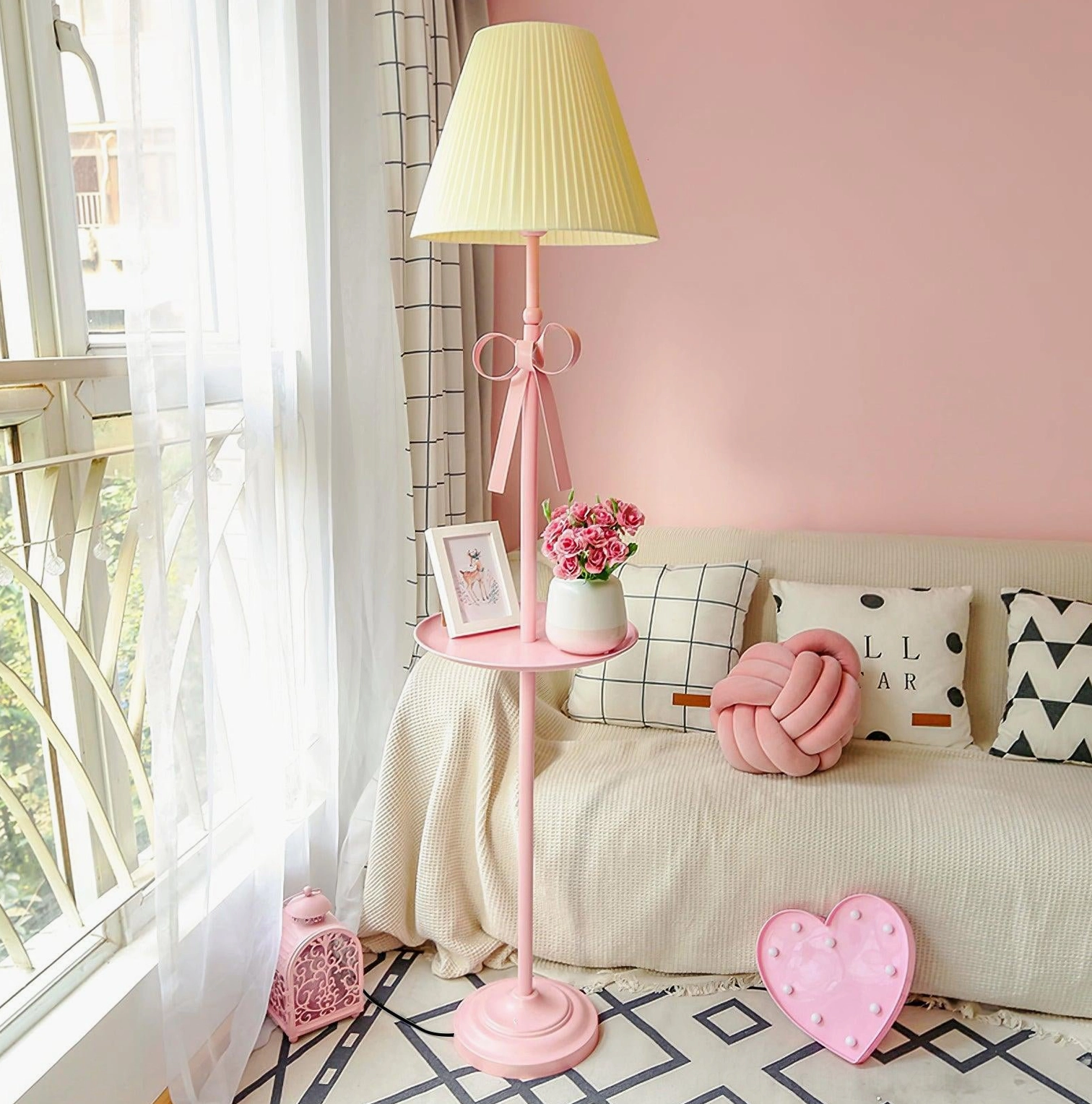 Pink and beige combination floor lamp with bow detail side tray