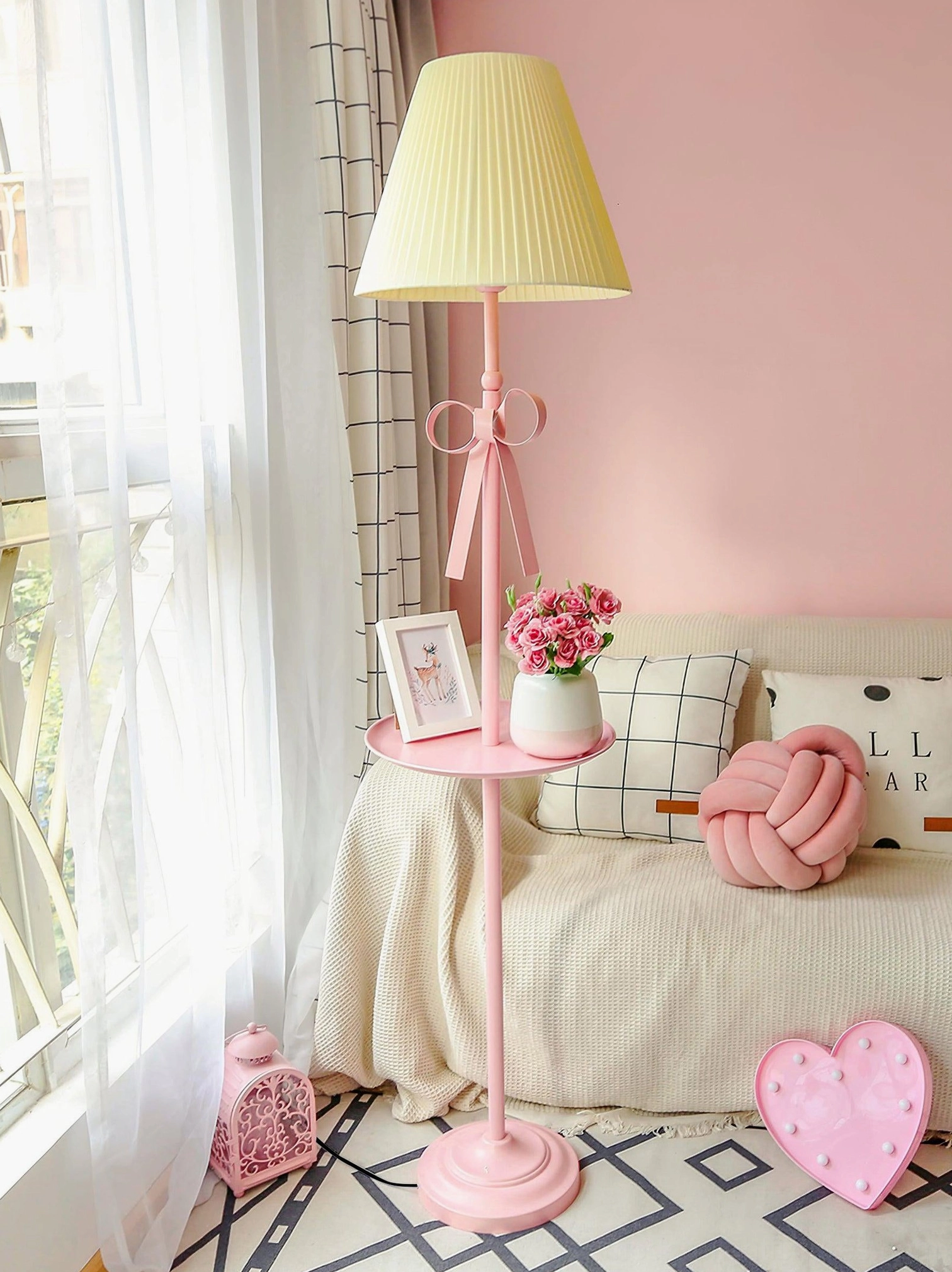 Pink pleated floor lamp with side tray contemporary home style