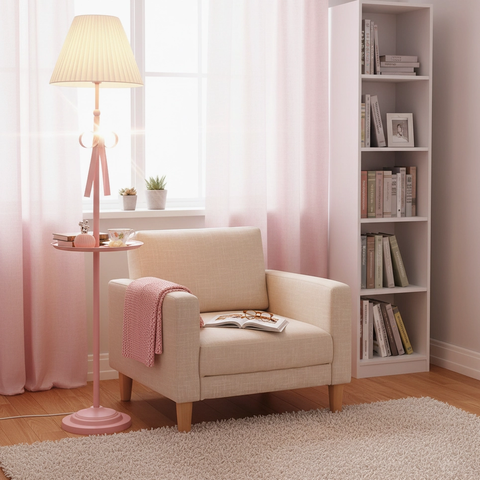 Modern pleated floor lamp window side reading nook with soft warm light