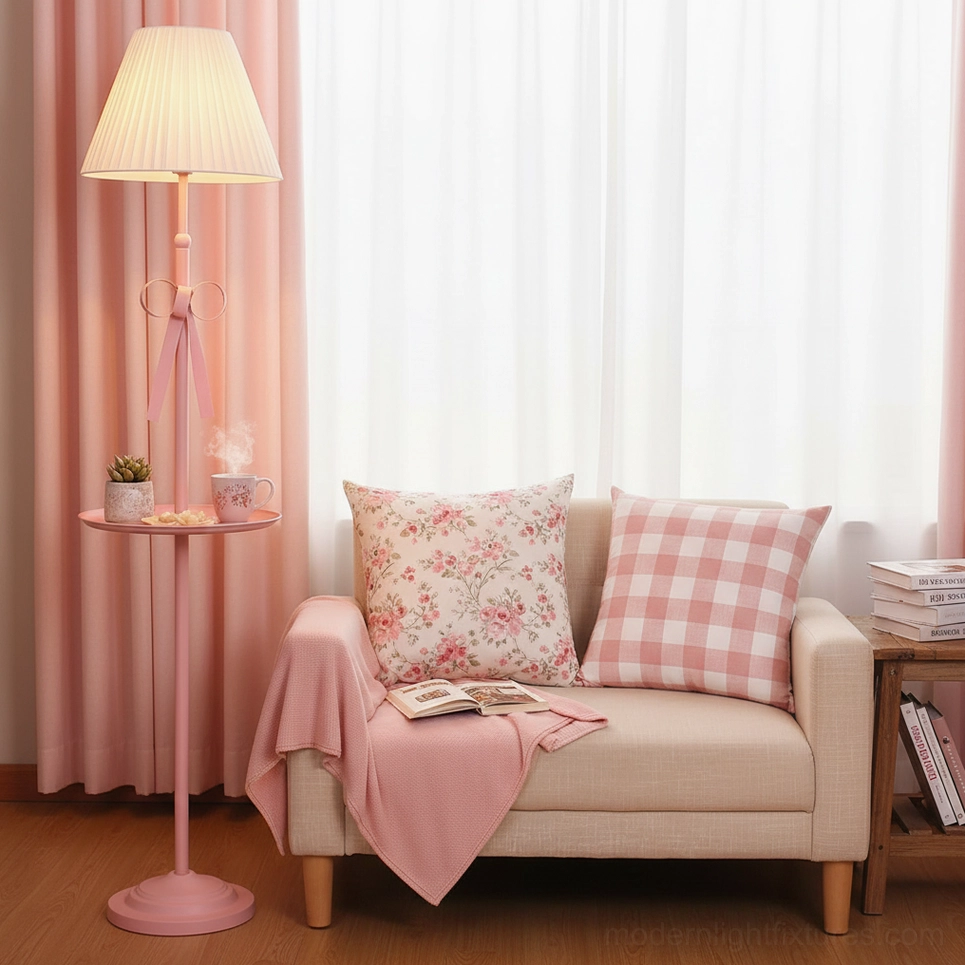 Pleated shade floor lamp in cozy small lounge area compact modern style