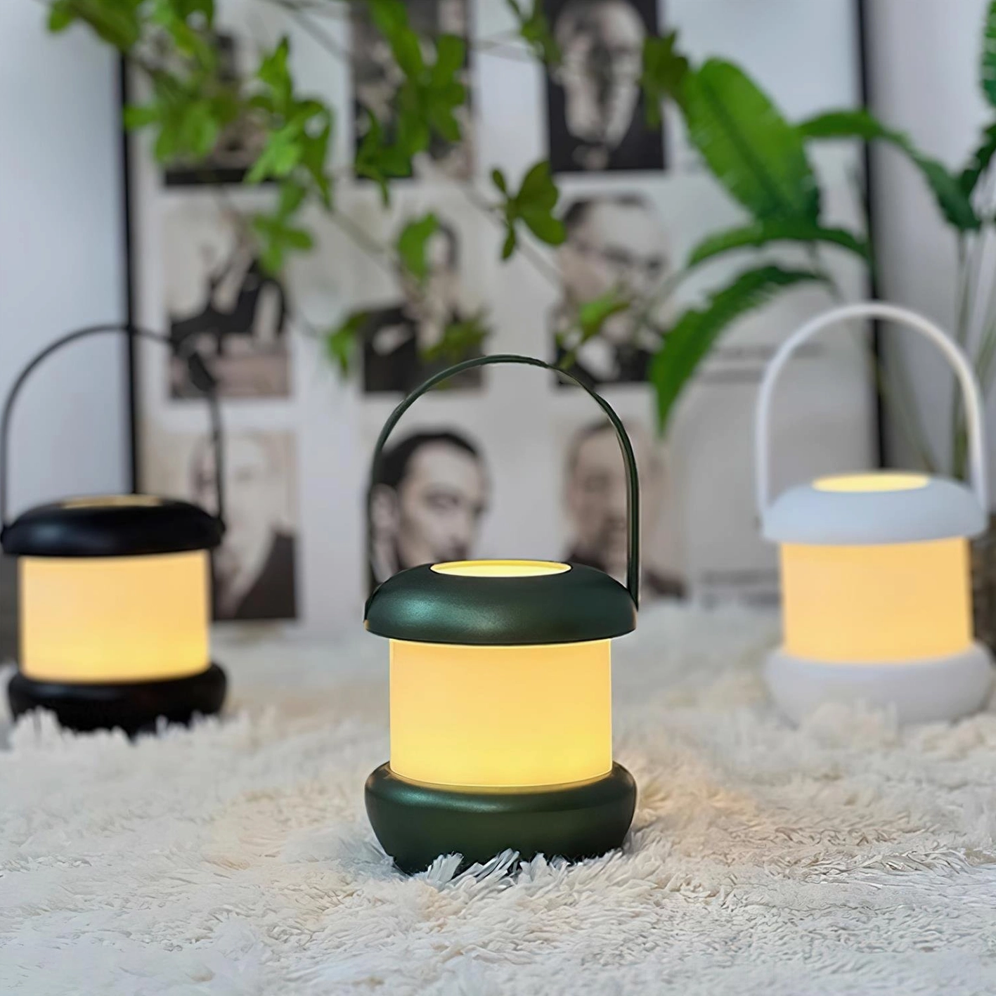 Sarina LED table lantern trio creating warm ambient lighting on vintage decorative backdrop - warm white 3000K glow