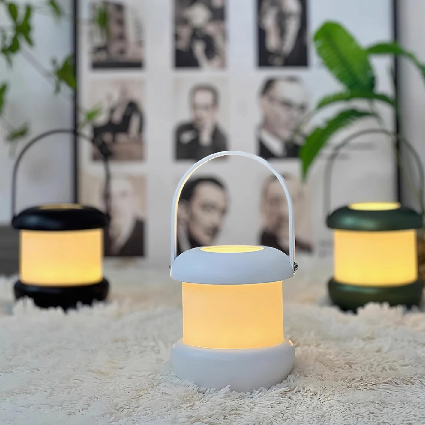 Matte white Sarina portable lantern lamp positioned between black and green variants - minimalist modern table lamp comparison