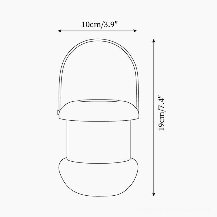 Sarina LED portable lantern technical specifications diagram - dimensions 10cm diameter by 19cm height (3.9 x 7.4 inches)