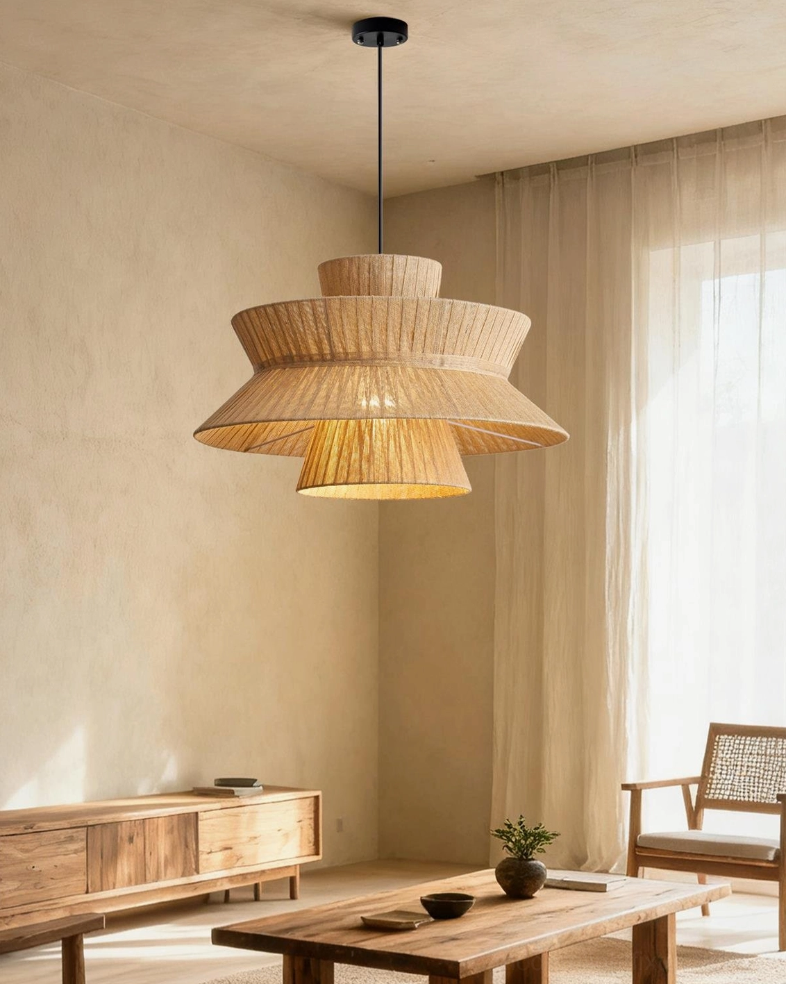 Satori tiered pendant light architectural detail showing cascading layered silhouette and frame structure