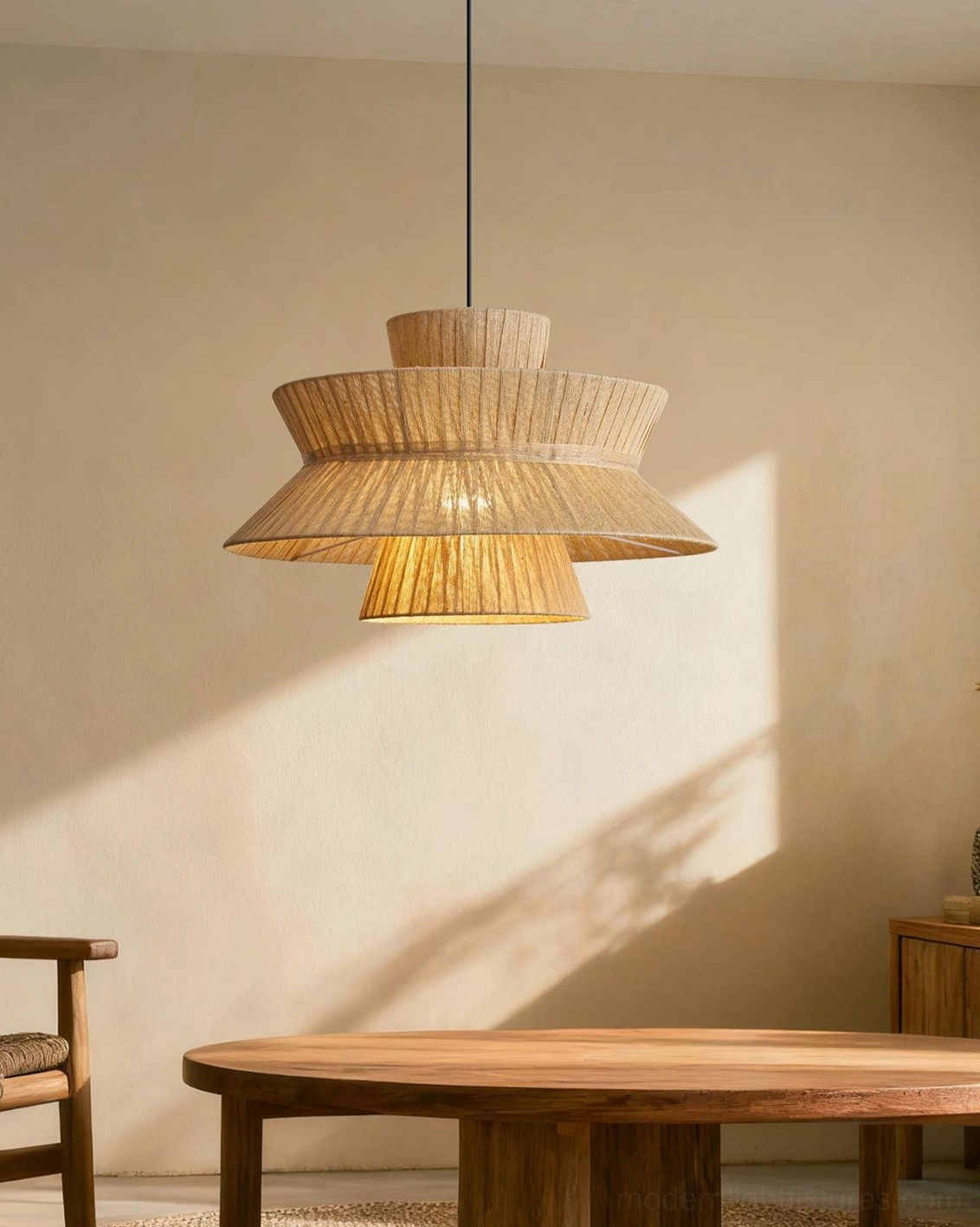 Satori woven jute pendant light installed in residential dining nook with warm natural light and shadow play