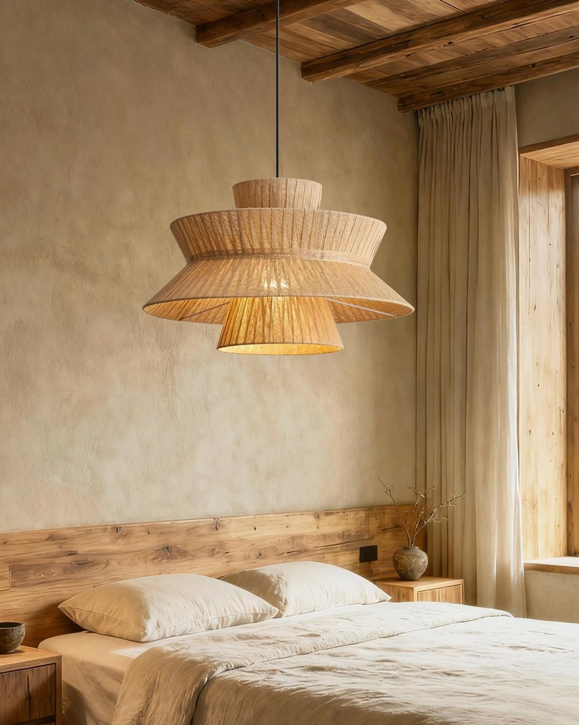 Satori tiered woven pendant lamp low three-quarter angle view showing natural beige jute shade construction