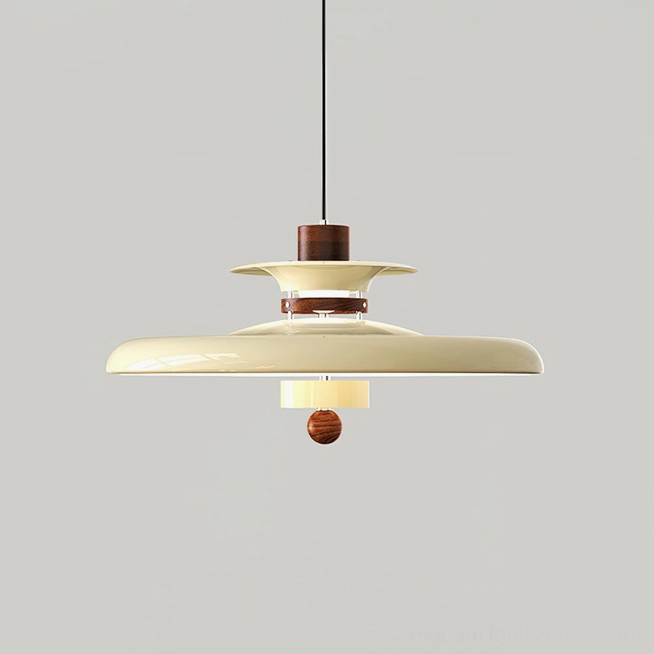 Saturn Pop beige and walnut color pendant light layered disc fixture showcasing warm minimalist aesthetic