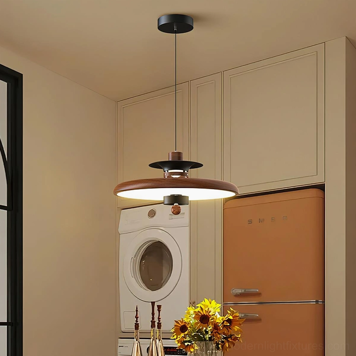 Dark-toned Saturn Pop layered disc pendant lamp with brown and black vintage style in home laundry room
