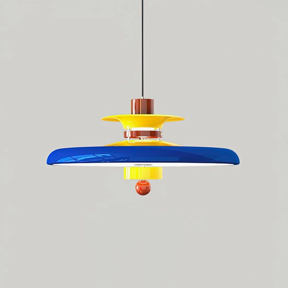 Saturn Pop blue and yellow layered disc pendant light with glossy metal finish, direct front studio view