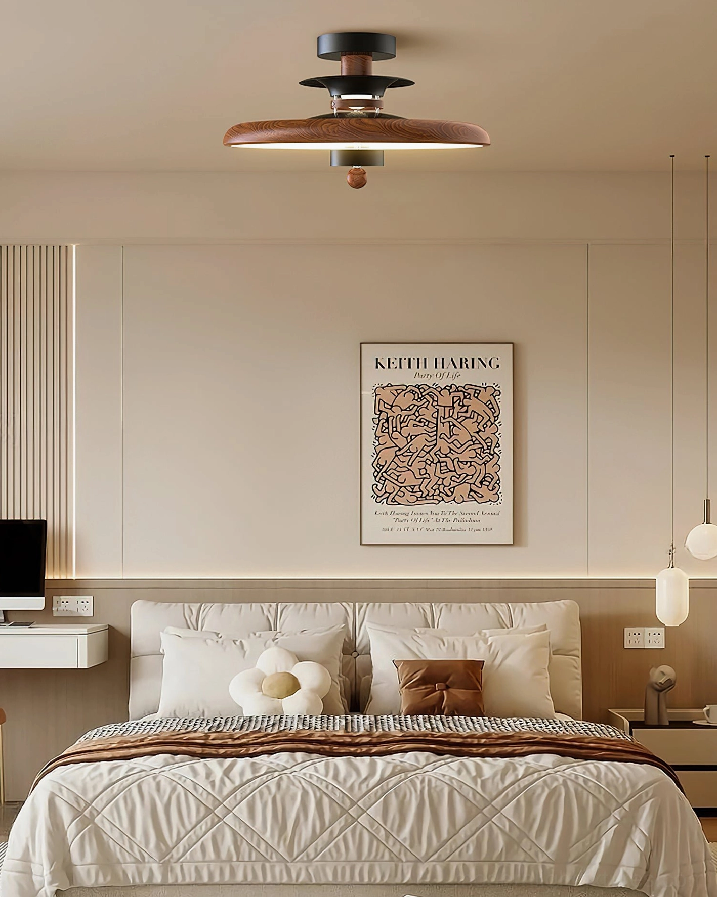 Saturn Pop fixture in neutral bedroom with black and walnut minimalist color scheme overhead view
