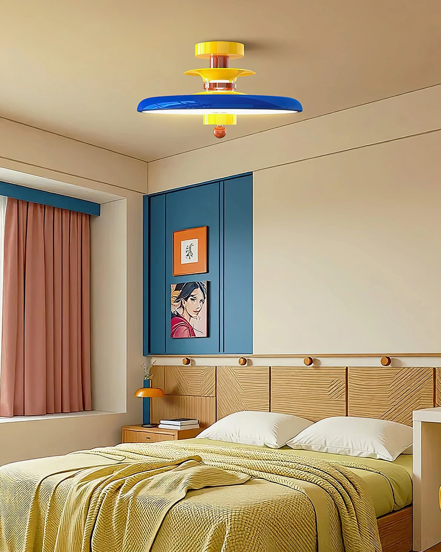 Saturn Pop modern ceiling light with blue and yellow layering in vibrant bedroom accent wall setting