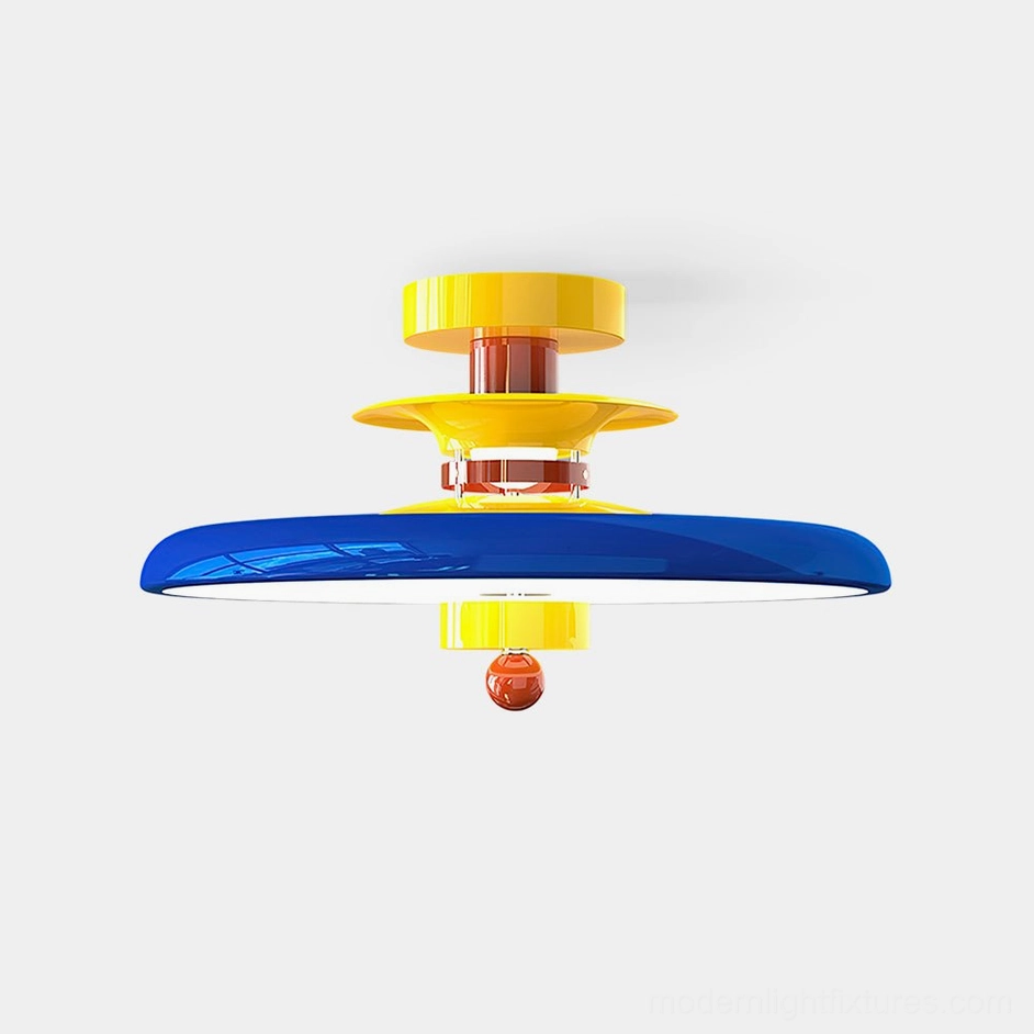 Saturn Pop geometric ceiling light fixture with blue, yellow, and walnut layered disc design in studio setting