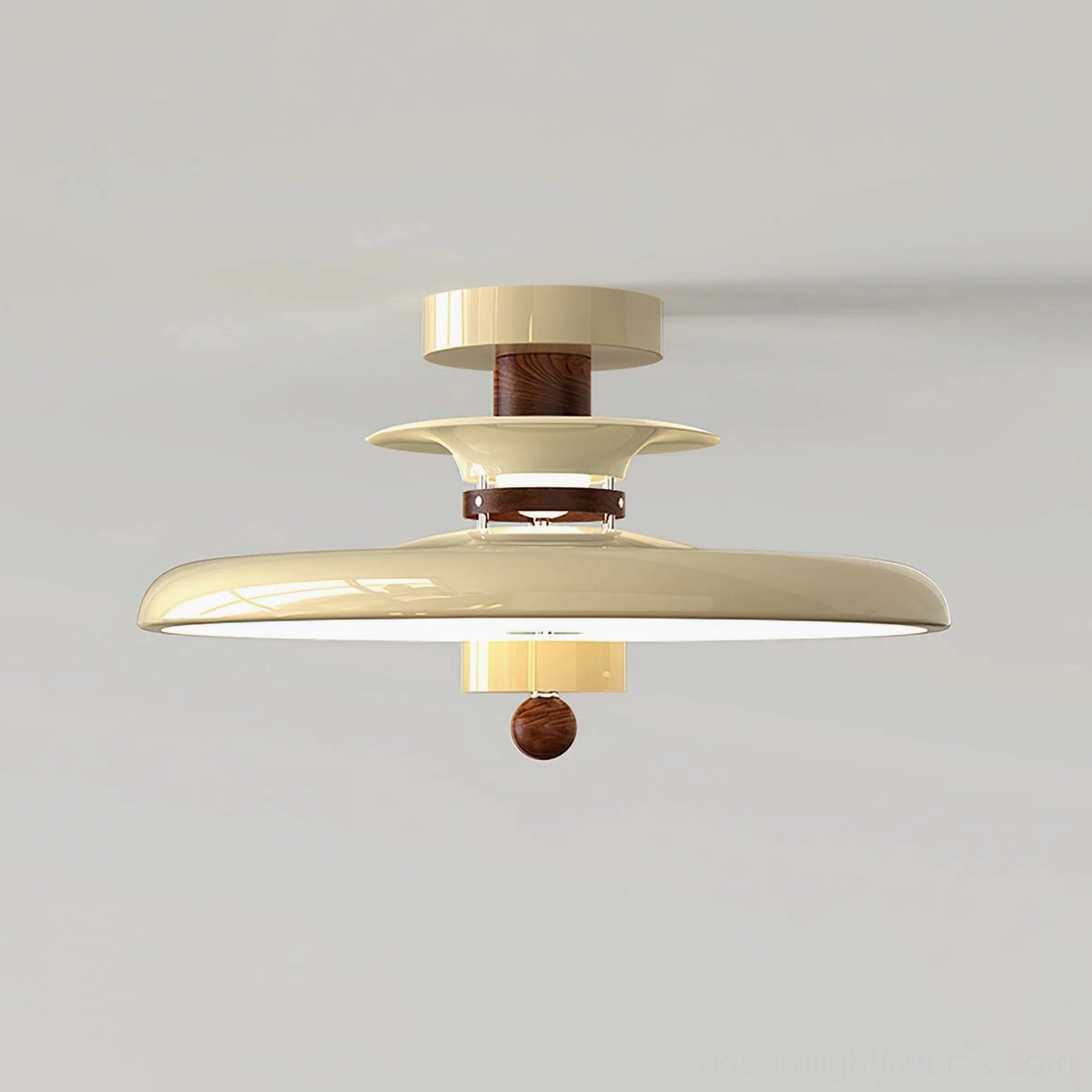 Saturn Pop ceiling light front oblique view showing cream dark brown and beige wooden textured layers