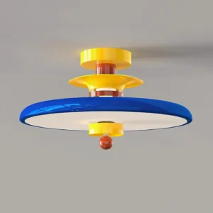 Close-up front view of Saturn Pop modern ceiling lamp showing glossy multi-layered ring construction