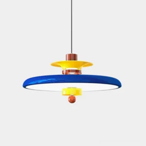 Saturn Pop multi-layered disc pendant light with bold retro colorful design and glossy finish, front studio view