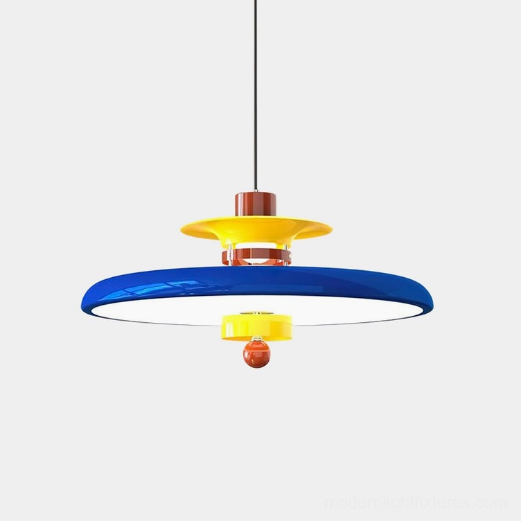 Saturn Pop multi-layered disc pendant light with bold retro colorful design and glossy finish, front studio view