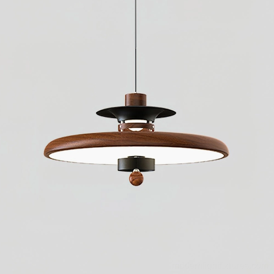 Saturn Pop walnut-style disc pendant lamp with wood-textured brown shade and black metal accents