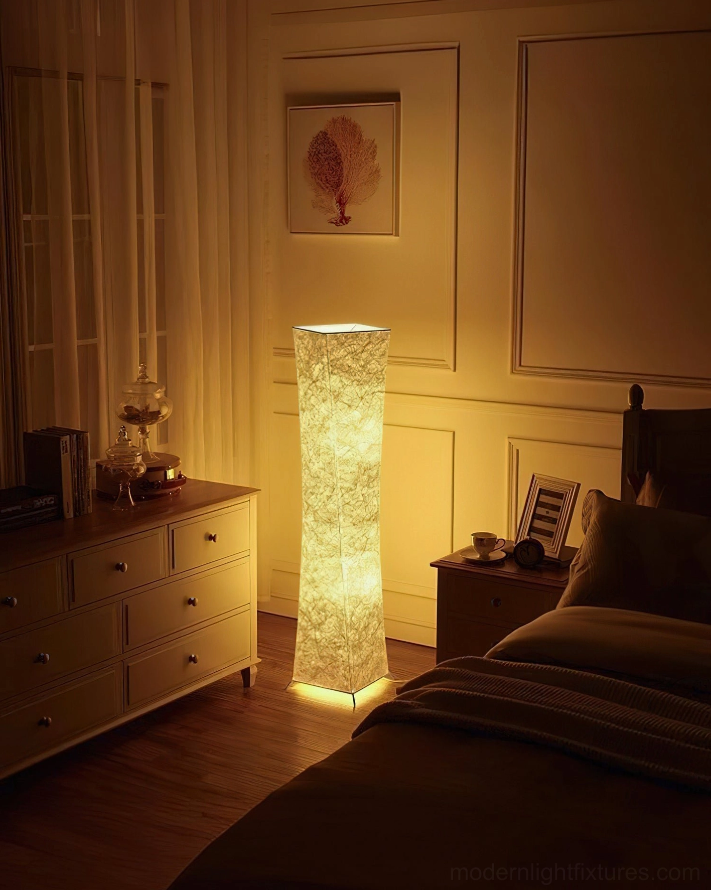 Saura floor lamp in bedroom interior at night providing warm ambient lighting beside wooden bedroom furniture