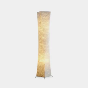 Saura modern floor lamp with white DuPont paper shade and metal tripod base, front full view on white studio background