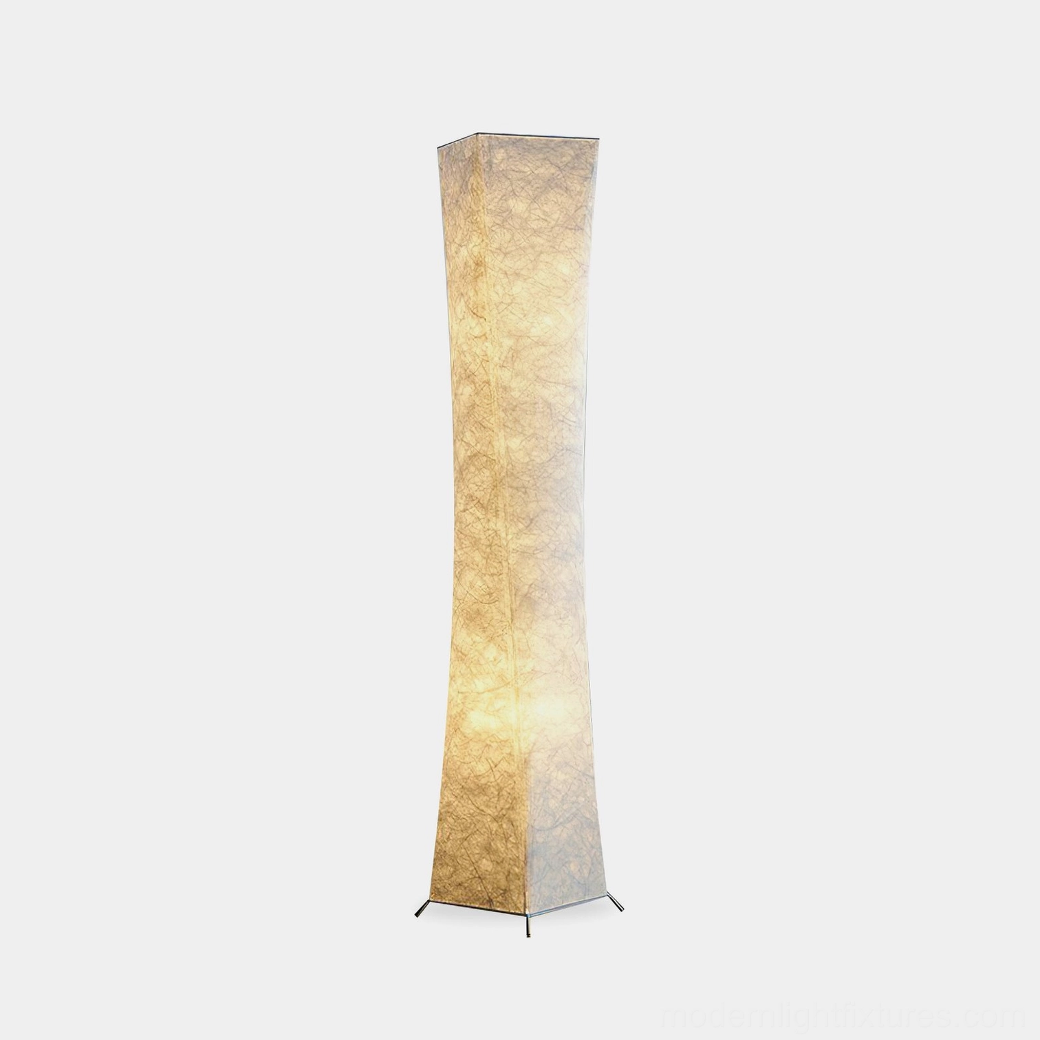 Saura modern floor lamp with white DuPont paper shade and metal tripod base, front full view on white studio background