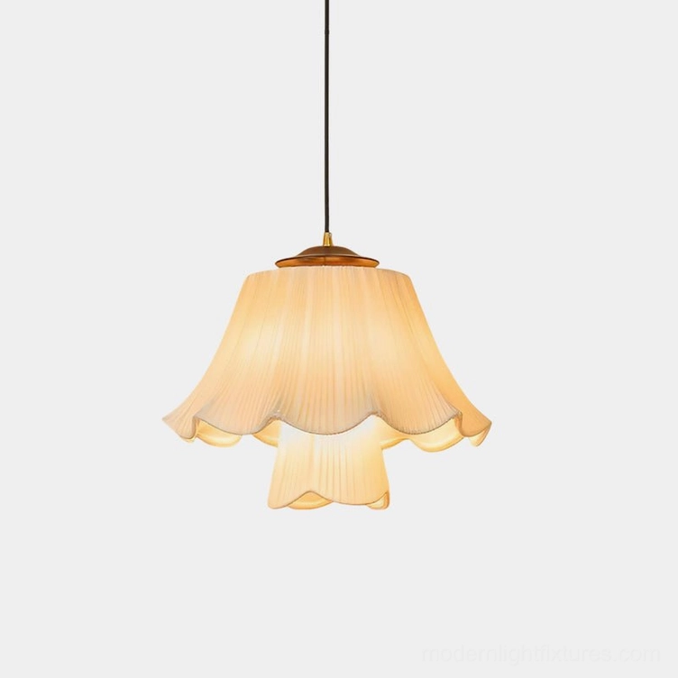 Savena pleated pendant lamp with single-tier ruffled fabric shade in warm beige, front close-up view showing scalloped edge and brass metal top
